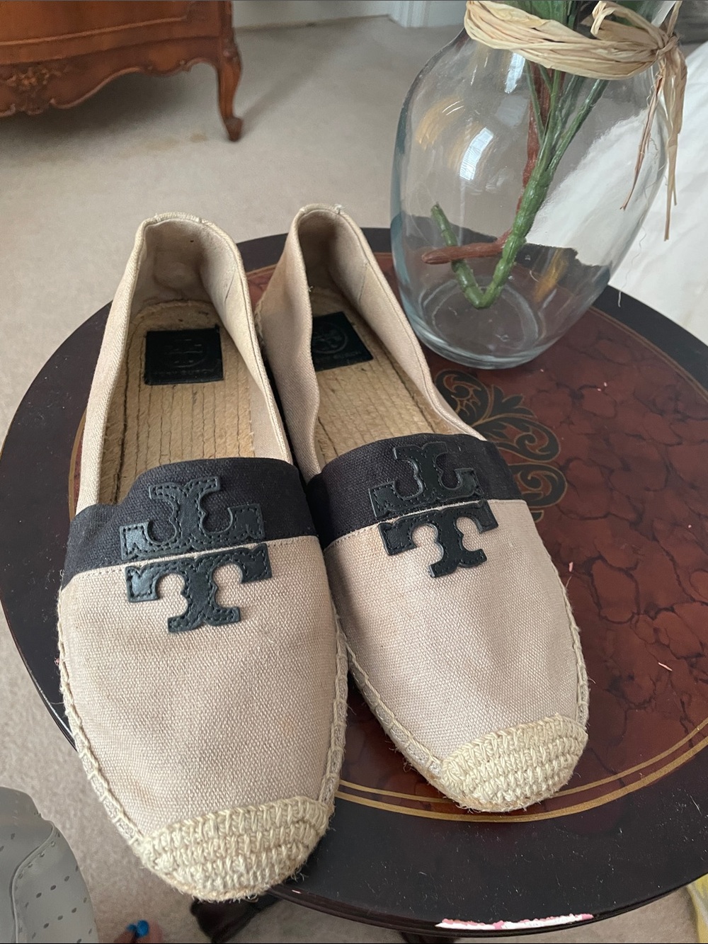 Tory Burch Beige Canvas Espadrilles with Black Logo Band